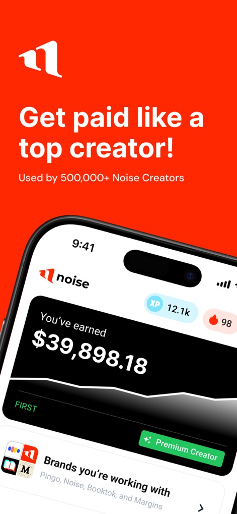Noise - Make Money Posting - The app showcases a prominent 'You've earned' display and a clear list of 'Brands you're working with' to highlight earning potential and active collaborations.