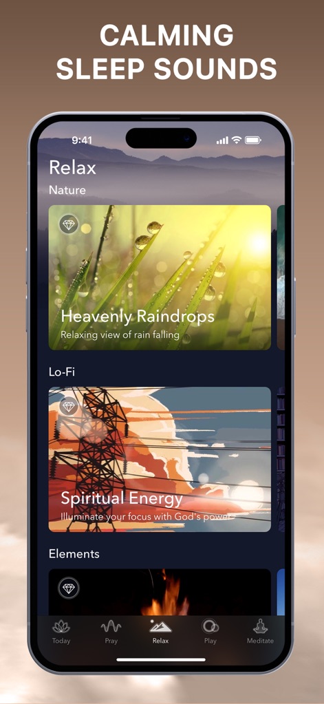 BlessedPath: Stress Relief - Unwind with a collection of calming sounds and serene soundscapes, including gentle "Heavenly Raindrops" and harmonizing "Spiritual Energy" tracks for stress reduction.