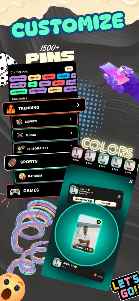 Whipd - Make New Friends - This tool empowers users to fully personalize their profiles, offering a vast selection of '1500+ PINS' categorized by interest and unique 'Colors' for distinct self-expression.