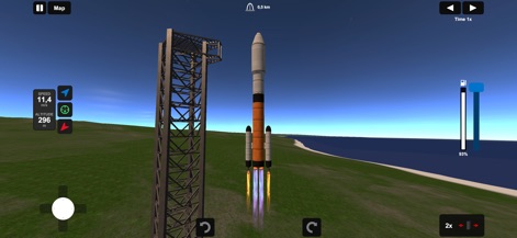 Ellipse: Rocket Simulator - Witness the initial moments of a launch with the powerful rocket exhaust plume and critical speed and altitude indicators displayed for precise control.