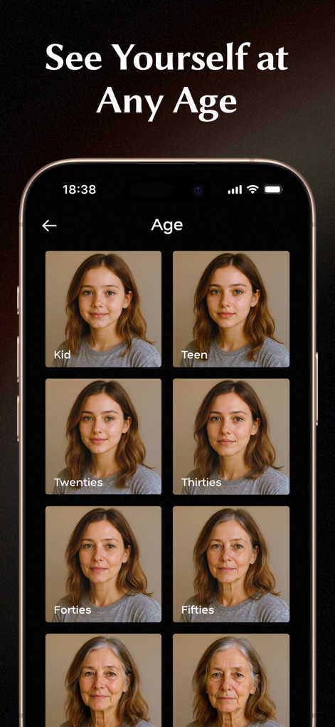 Glowify - AI Hairstyle Try On - This tool features an innovative age progression visualizer, allowing users to see themselves across clear age categories from 'Kid' to 'Fifties'.