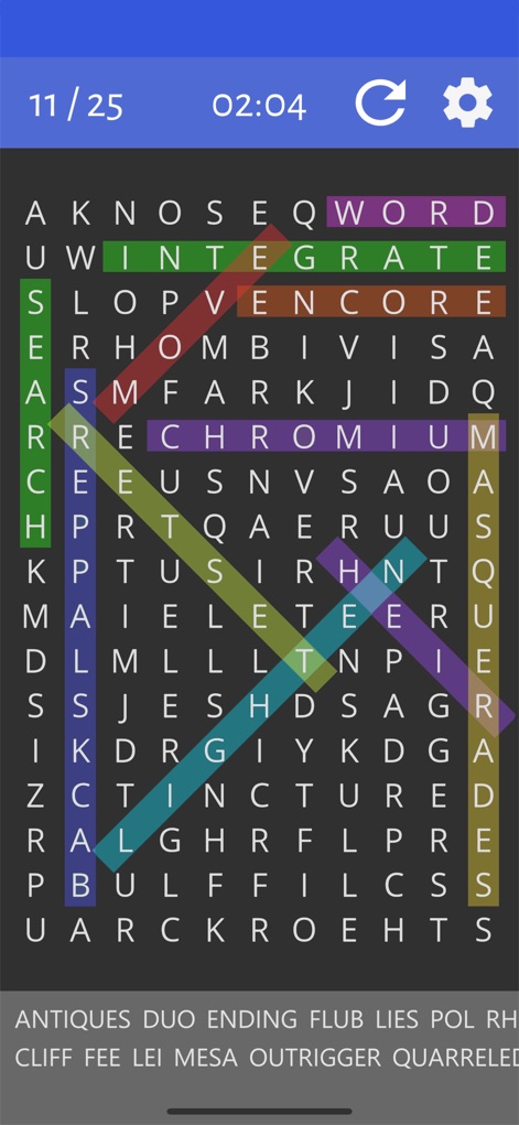 Word Search: Unlimited Puzzles - Explorez l'option de mode sombre de l'application, qui préserve le confort visuel, et la disposition adaptative de la grille de lettres assurant une lisibilité optimale dans toutes les conditions d'éclairage.