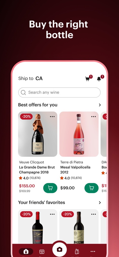 Vivino: Drink The Right Wine - The app provides a direct shopping experience, featuring current best offers and displaying various discounted wine bottles for purchase.