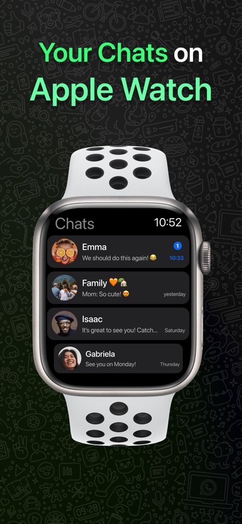 WatchApp+ for Watch - See how the app neatly organizes chat histories and displays profile pictures directly on the Apple Watch for instant access.