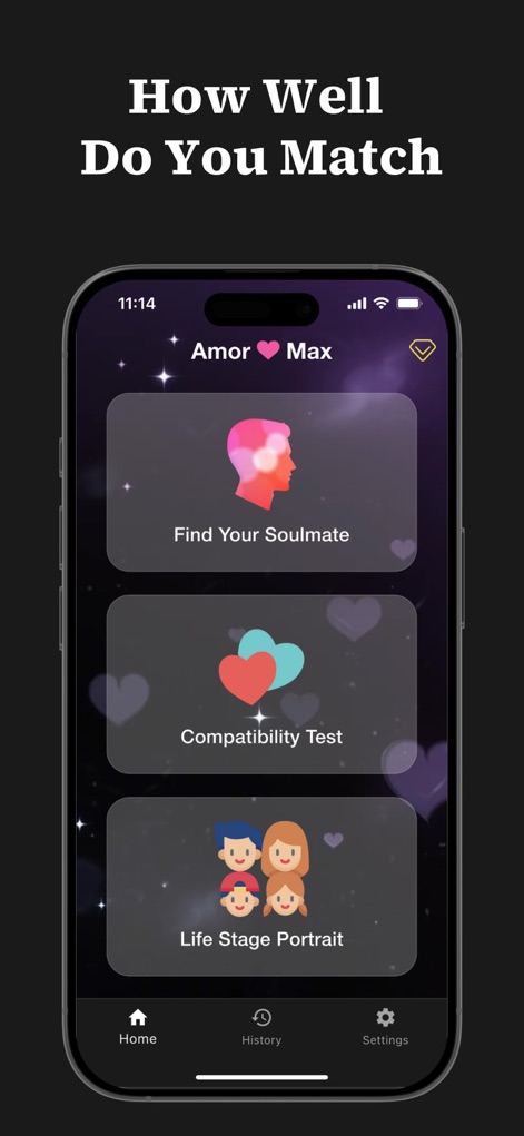 Amora Max - Find Your Soulmate - The app's intuitive home screen presents direct access to its core AI tools, including 'Find Your Soulmate' and 'Compatibility Test' options.