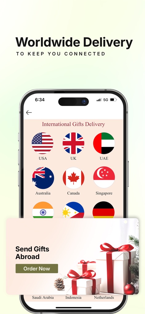 FNP: Gifts, Flowers, Cakes App - The app emphasizes its global delivery capabilities, presenting flags of numerous countries like the 'USA' and 'UK', alongside a clear 'Send Gifts Abroad' call to action.