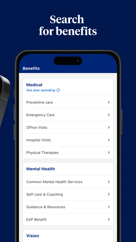 UnitedHealthcare App Store screenshot 4, headline “Search for benefits”. Screen fills the picture.