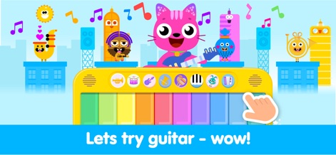 Kids Piano Fun: Music Games - 사용자는 기타를 연주하는 분홍색 고양이 캐릭터와 함께 다양한 악기 아이콘이 있는 다채로운 피아노를 탐색하며 음악적 재능을 키울 수 있습니다.