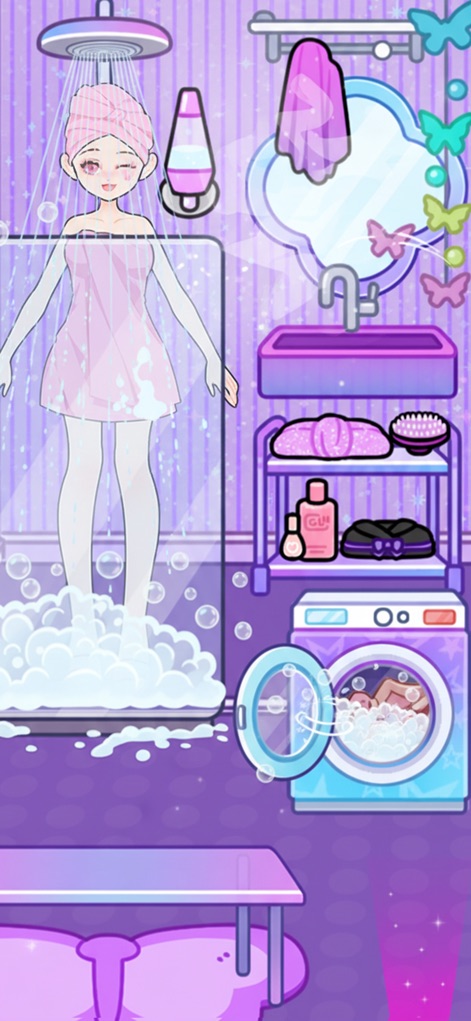 Sparkle Style: Fashion Design - Explore how users can customize not only avatars but also their environments, featuring a character enjoying a shower and detailed bathroom amenities like a washing machine.