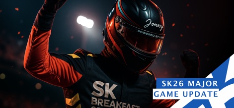SK26: Street Kart Racing Game - Esta captura de pantalla enfoca la atención en el casco personalizado de un piloto, ofreciendo un vistazo a los detalles de equipo, y resalta el anuncio de una importante "SK26 Major Game Update".