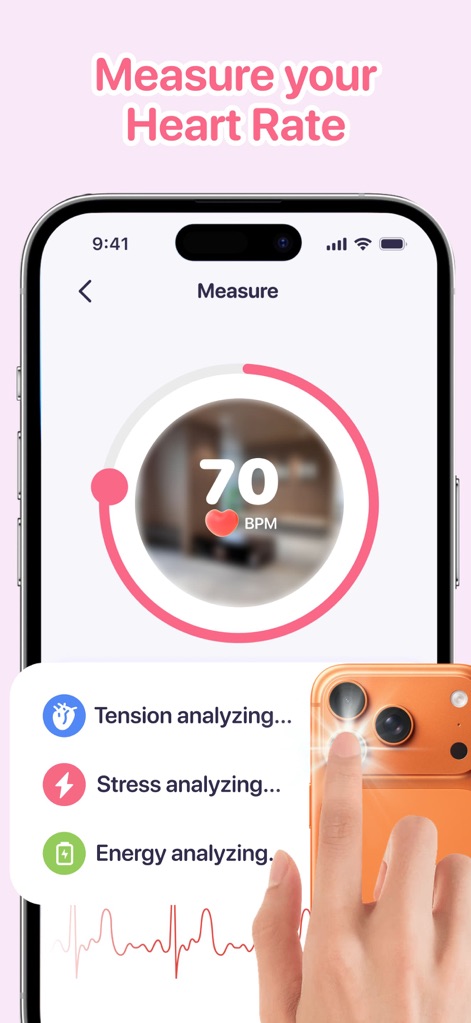 Health Monitor: Blood Pressure - O aplicativo permite a medição fácil da frequência cardíaca, exibindo o valor em "70 BPM" e iniciando análises como "Tension analyzing..." para insights adicionais.