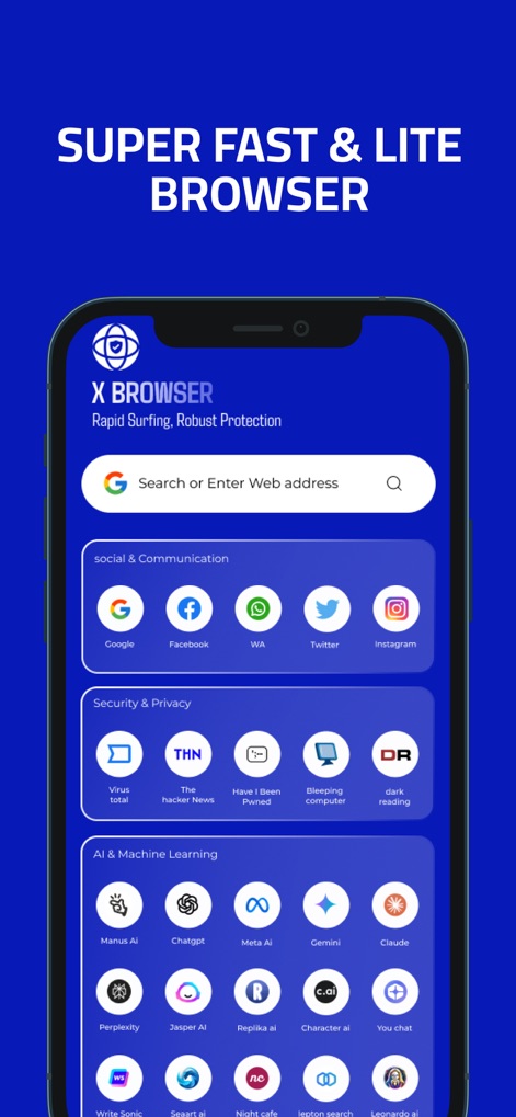 X Browser PRO - Private & Safe - L'interface d'accueil de l'application optimise l'accès grâce à des catégories organisées comme 'Social & Communication' et 'Security & Privacy', complétées par une barre de recherche intuitive.
