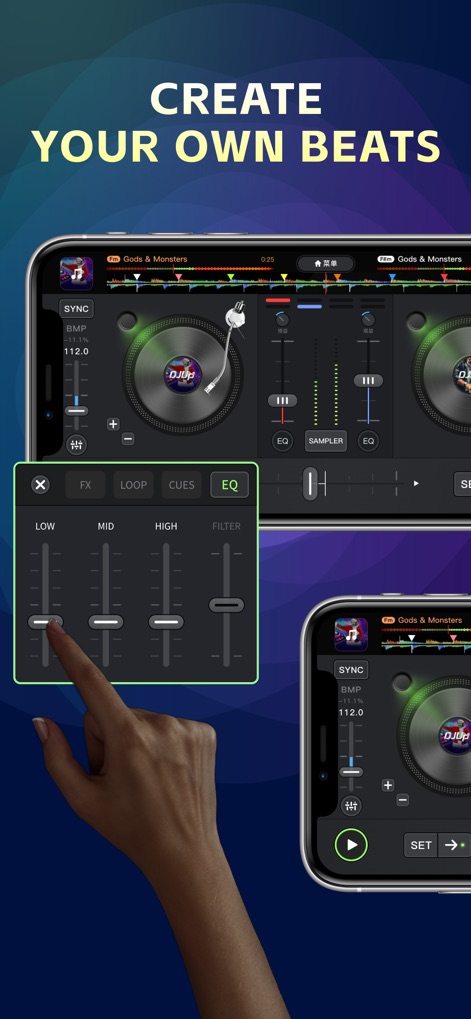 DMixer : Your Pocket DJ Studio - Observe the detailed 3-band EQ controls and visual level meters, enabling precise audio adjustments for every track.