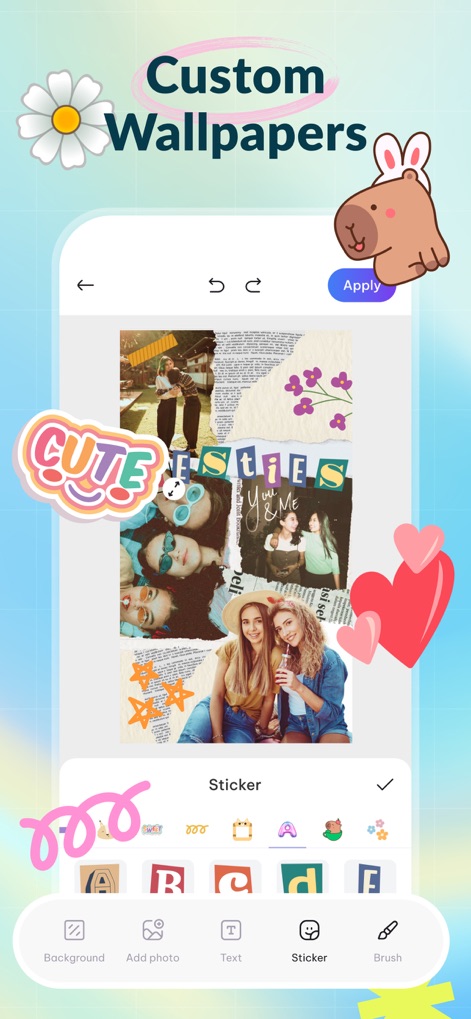 Colliz – DIY Wallpaper Craft - Los usuarios pueden diseñar collages únicos combinando múltiples fotografías y aplicando stickers decorativos desde la barra de herramientas, como el texto 'BESTIES'.