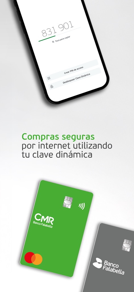 Banco Falabella Colombia - La herramienta garantiza transacciones seguras, presentando un código numérico de 6 dígitos y las opciones para "Crear PIN de acceso" o "Desbloquear Clave Dinámica".