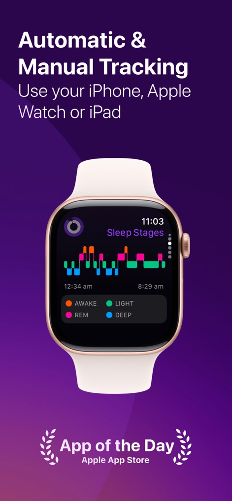 Pillow: Sleep Tracker - O monitoramento automático de sono é evidenciado no Apple Watch, mostrando estágios detalhados como REM e Sono Profundo em um gráfico colorido.