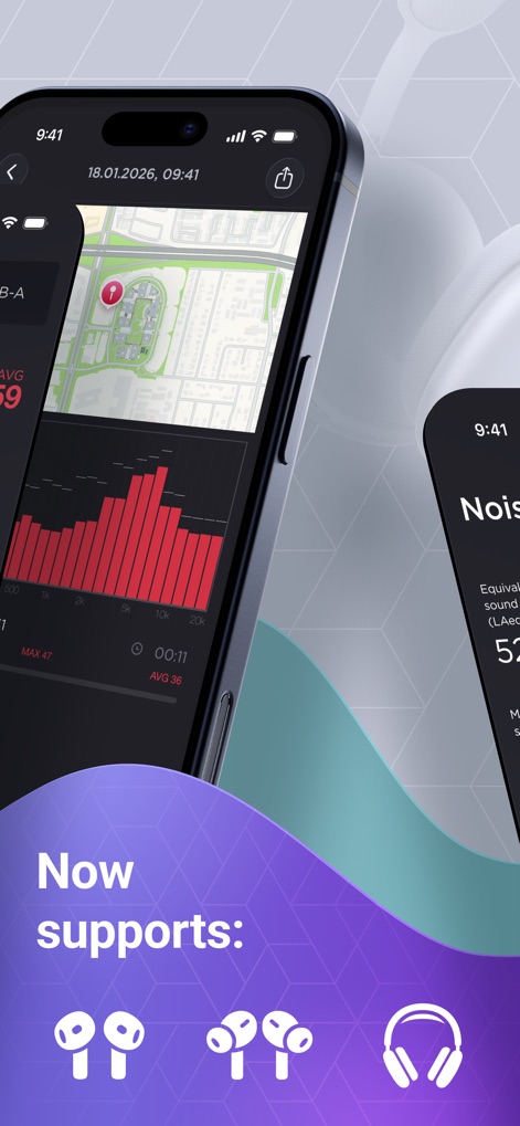 Decibel : dB sound level meter - Nutzer können Messdaten mit Standortinformationen verknüpfen, was auf der Karte sichtbar ist, und externe Audiogeräte wie Kopfhörer werden unterstützt.