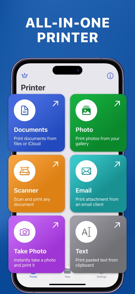 Air Printer App: Smart Print - Questa schermata evidenzia l'interfaccia principale dell'app, dove gli utenti possono scegliere tra diverse funzioni come stampare 'Documents' da file o utilizzare lo 'Scanner' per digitalizzare documenti.
