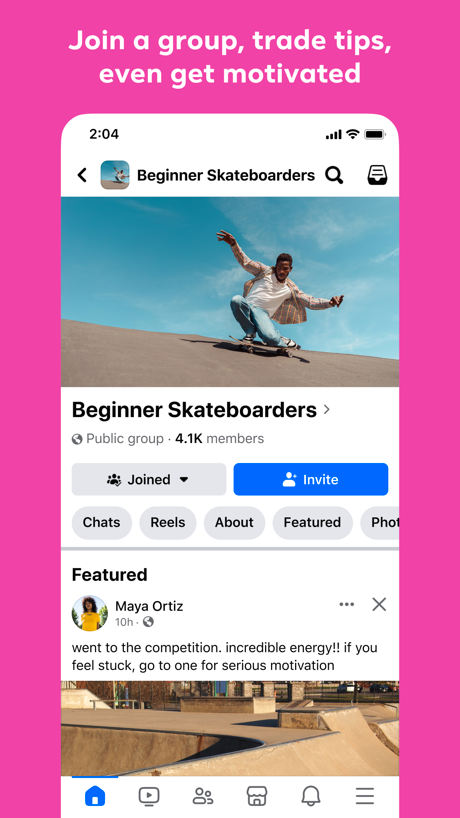 Facebook App Store screenshot 4, headline “Join a group, trade tips, even get motivated”. Asks for an action.