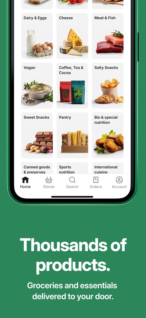 Bolt Food - Der Screenshot illustriert die "Thousands of products" durch eine detaillierte Auflistung verschiedener Lebensmittelkategorien wie "Dairy & Eggs" und "Meat & Fish".