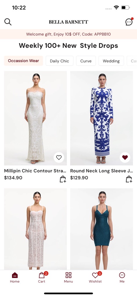 Bella Barnett - 사용자는 이 화면에서 제품 이미지와 가격을 포함한 상세한 목록을 탐색할 수 있으며, 위시리스트 및 장바구니에 추가할 수 있는 직관적인 아이콘을 제공합니다.