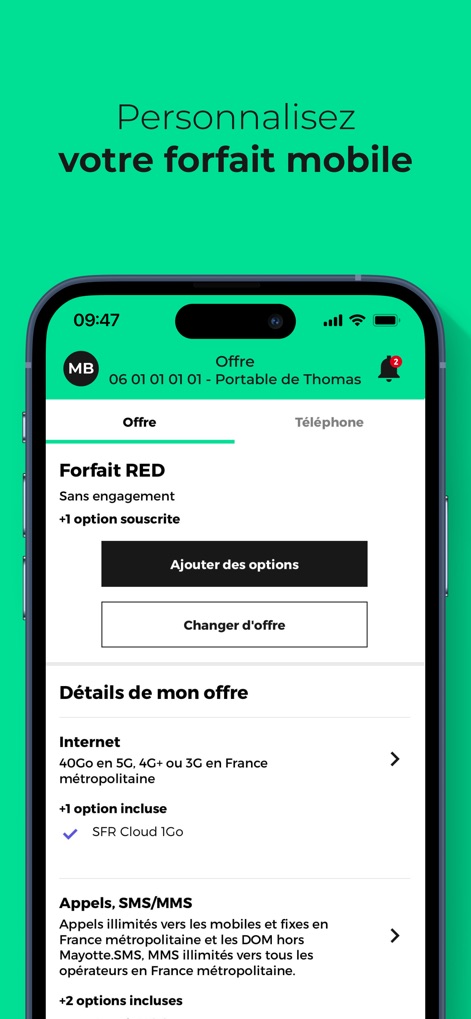 RED & Moi - The app provides a clear overview of the current mobile plan details, enabling users to easily add new options or change their offer.