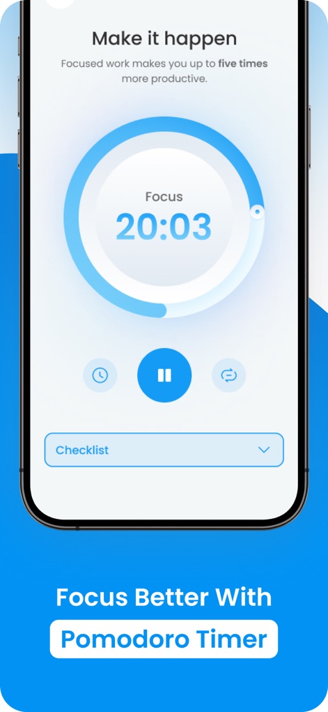 My Study Life - School Planner - Examine the integrated Pomodoro Timer, displaying a 20-minute focus session and an accessible checklist feature to optimize study blocks.