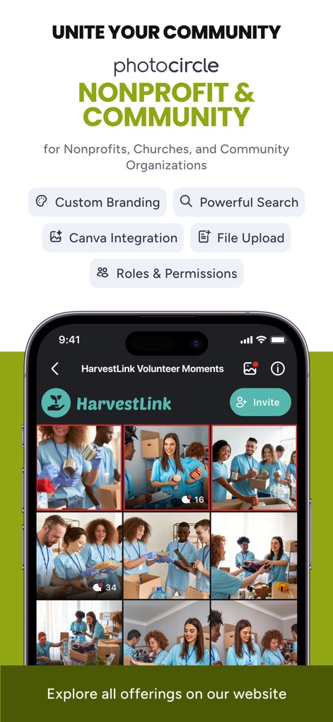 PhotoCircle - Le organizzazioni no-profit e le comunità possono unire i loro membri attraverso opzioni come "Custom Branding" e la potente funzione di "Powerful Search", illustrate dalle icone delle funzionalità.
