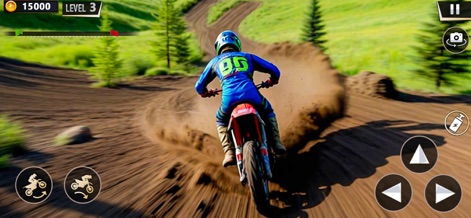 Dirt Bike Racing Simulator 3D - O aplicativo exibe a habilidade do piloto ao realizar uma curva acentuada, levantando terra e contornando árvores verdes.
