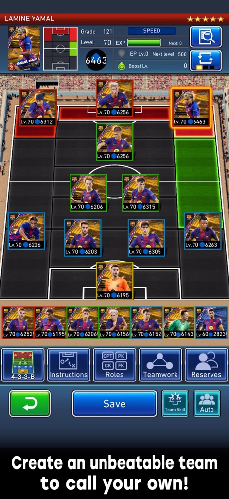 eFootball™ CHAMPION SQUADS - The app provides intuitive team management tools, allowing users to configure player formations on a detailed pitch layout and access various tactical instructions.