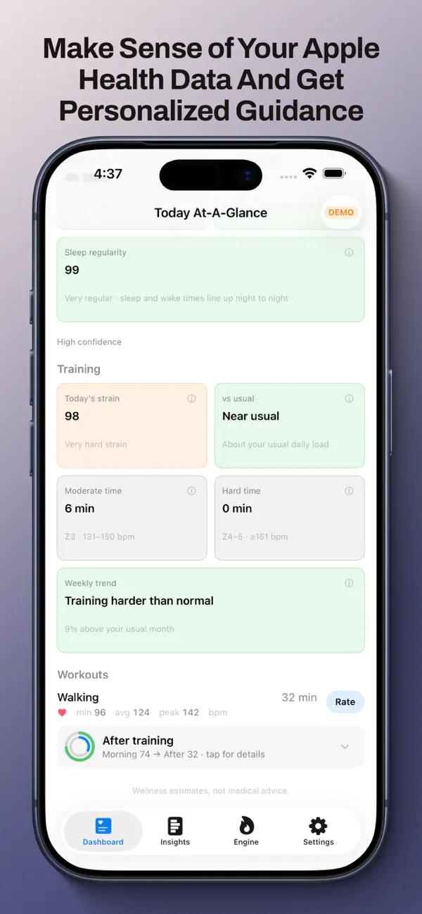 FitInsights App Store demo showing training context and an After training workout snapshot