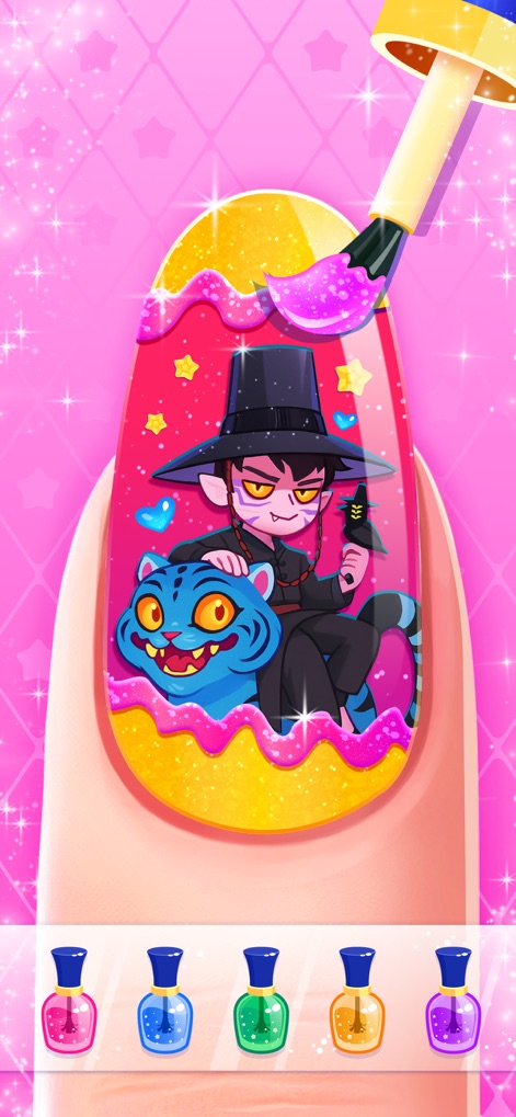 Nail Salon Games for Kids 2-5 - Os jogadores podem adicionar um toque de brilho com esmalte glitter, complementando um adesivo de personagem temático com um tigre azul vibrante.