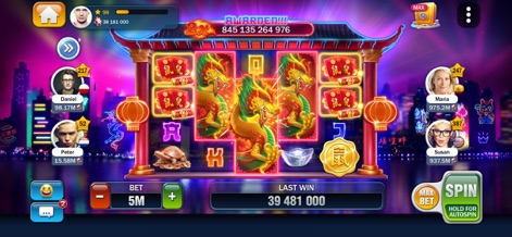 Huuuge Casino Slots Games 777 - Immerse in the vibrant Eastern-themed slot game, featuring magnificent dragon symbols and a beautiful city skyline background with traditional pagoda elements.