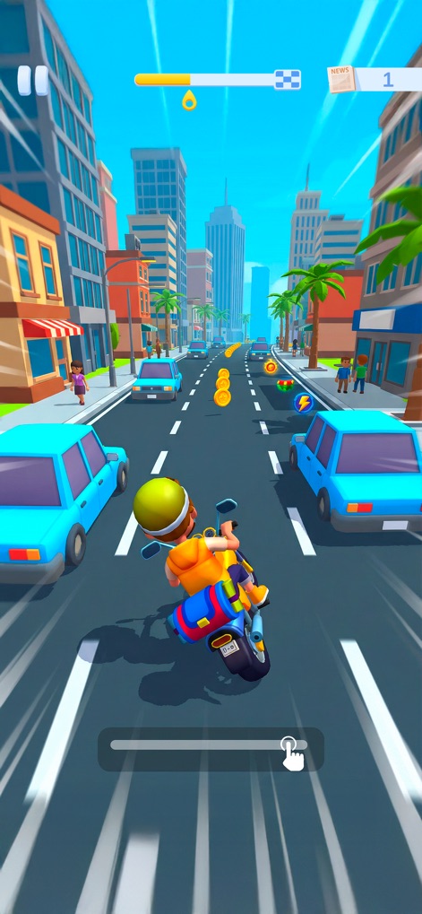 Paper Boy Race: Run & Rush 3D - Los usuarios encontrarán una clara hilera de monedas para recolectar a lo largo de la calle principal, mientras la perspectiva de la ciudad con sus edificios altos y el ícono de interacción guían la acción en este corredor infinito.