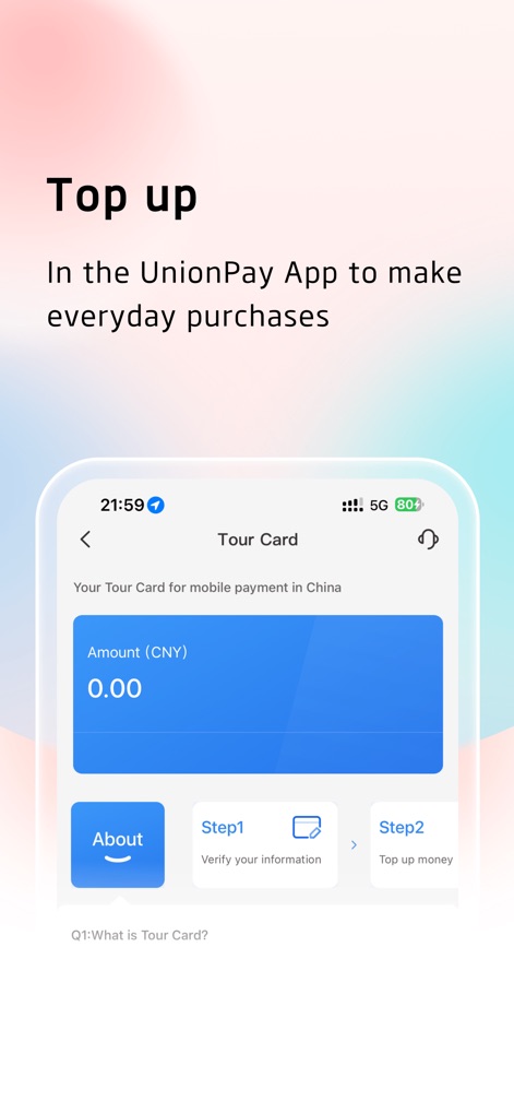 UnionPay APP - Dieser Bildschirm ermöglicht das Aufladen des Tour Card Guthabens, angezeigt durch den CNY-Betrag und die klaren Schritte zur Verifizierung und Geldaufladung.