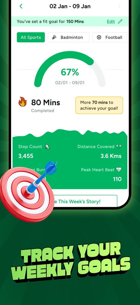 Playo - Sports Community App - 사용자는 설정한 주간 목표의 달성률을 시각적으로 확인할 수 있으며, 'Step Count'와 'Distance Covered'와 같은 상세 통계를 통해 자신의 활동 진행 상황을 면밀히 추적할 수 있습니다.
