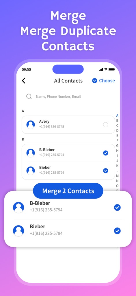 Clean up: AI Storage Cleaner - L'application identifie et propose de fusionner les contacts en doublon, comme illustré par les entrées multiples de 'B-Bieber', pour une gestion simplifiée de l'annuaire.
