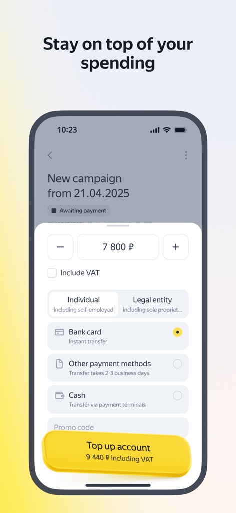 Yandex Direct - Dieses Tool ermöglicht es, den Kontostand mühelos aufzuladen, indem verschiedene Zahlungsmethoden wie Bankkarte oder andere Optionen angeboten werden.