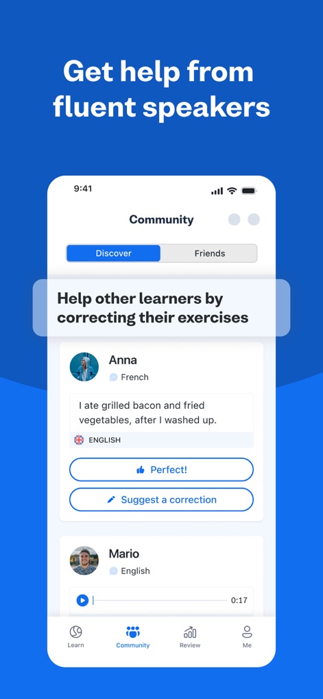 Busuu: Language Learning - La plataforma facilita la interacción comunitaria, donde los usuarios pueden obtener y brindar ayuda a través de perfiles de otros estudiantes y la función 'Suggest a correction' para refinar ejercicios.