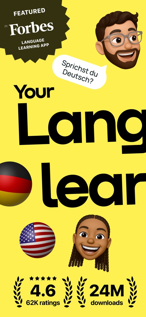 Promova: Language Learning App - Dieser Screenshot hebt die Auszeichnung der App in Forbes sowie die Möglichkeit hervor, Deutsch zu lernen, dargestellt durch die deutsche Flagge und die Sprachblase "Sprichst du Deutsch?".