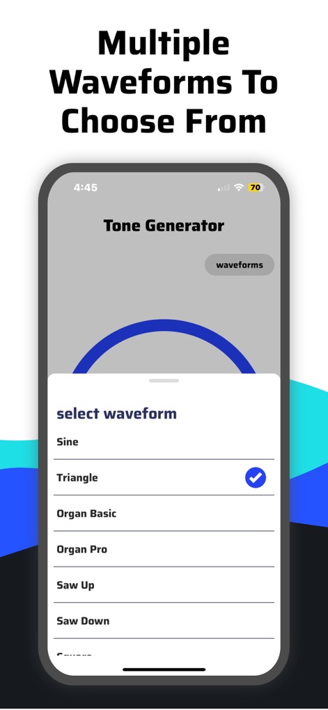 Clear Wave - Speaker Test - The 'select waveform' modal window reveals a comprehensive array of choices, including 'Sine' and 'Triangle', empowering users to generate diverse sound types for testing.