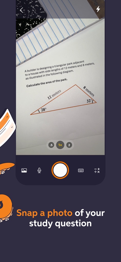Chegg Study - Homework Help - Esta ferramenta permite aos usuários capturar problemas matemáticos, como o cálculo de um triângulo, utilizando a interface de câmera do smartphone, para uma resolução rápida.