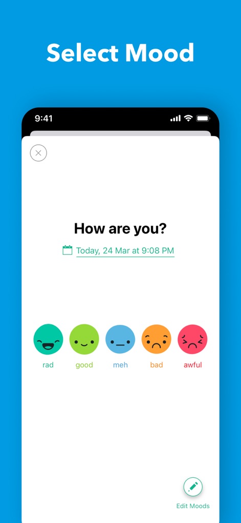 Daylio Journal - Mood Tracker - This tool simplifies mood tracking with its clear 'Select Mood' options and a vibrant spectrum of emotional emojis for quick selection.