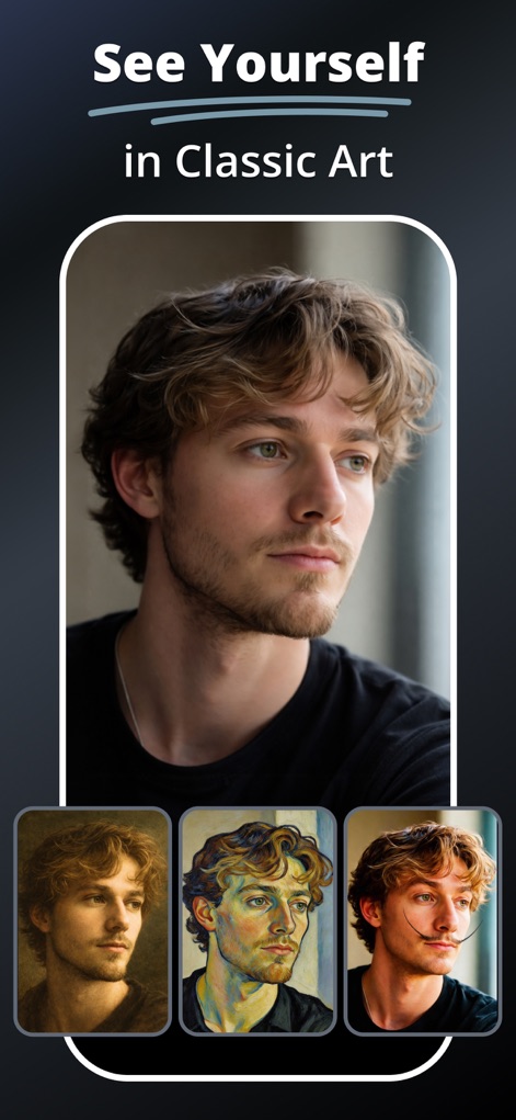 MePic－AI Photo Video Generator - Users can reimagine their portraits in iconic classic art styles, with several distinct artistic interpretations presented below the main image.