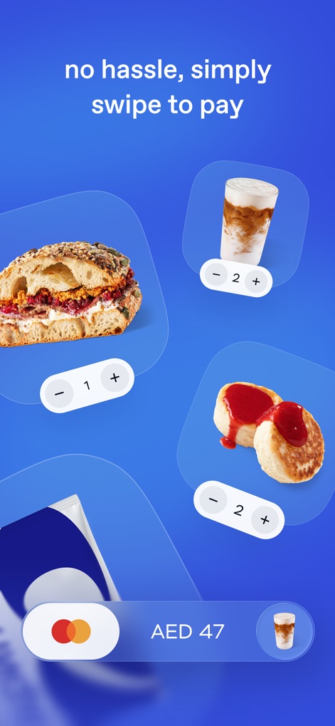 Drinkit — order your coffee - The interface features intuitive quantity controls for food and drinks, alongside an integrated payment method display for quick transactions.