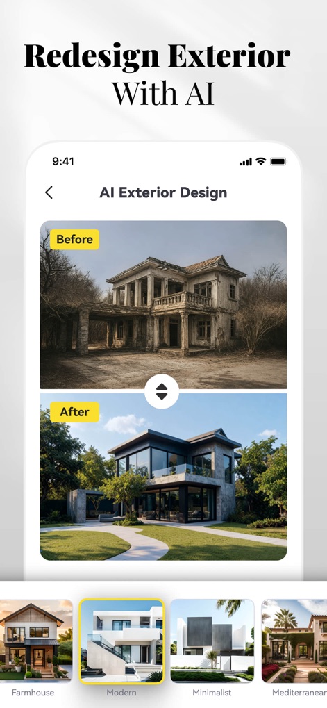 AI Home Design: Interior DecAI - Das Bild illustriert eine beeindruckende "Außenverwandlung" eines Hauses, das von einem verfallenen Zustand in eine moderne "Architektur" mit ansprechender "Landschaftsgestaltung" umgewandelt wird.