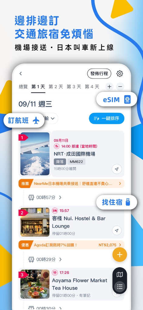 去趣 chicTrip - Diese Funktion bietet eine klare Mehrtagesplanung, bei der Nutzer ihre Flüge und Unterkünfte nahtlos in den Reiseplan integrieren und eine eSIM-Option bequem hinzufügen können.
