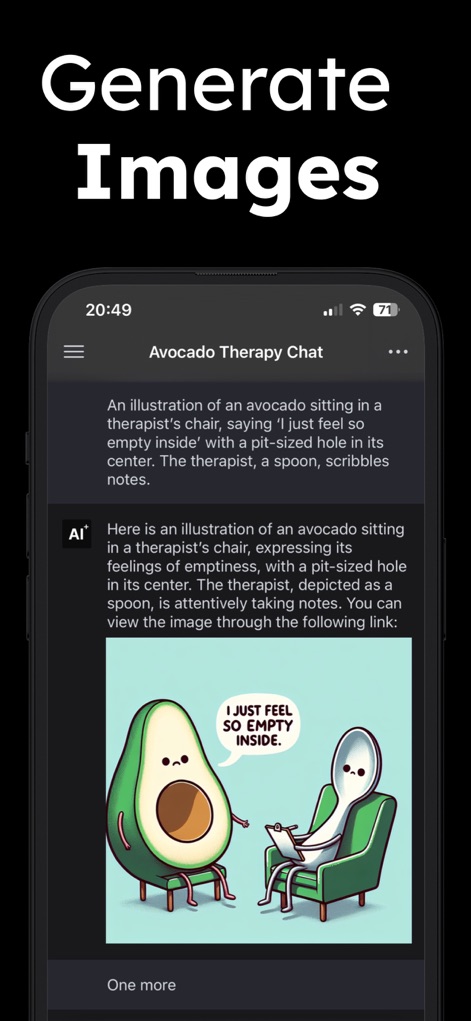 ChatPlus: AI Chatbot Assistant - See how users can seamlessly generate images directly within the chat interface, exemplified by the 'Avocado Therapy Chat' and its unique visual output.