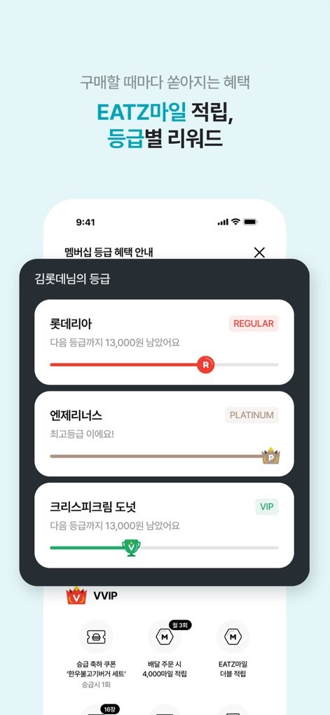 롯데잇츠  Lotteeatz - Users gain insights into their loyalty status across brands with distinct 'membership tiers for Lotteria, Angel-in-us, and Krispy Kreme', each featuring 'progress bars' detailing the journey to the next level.