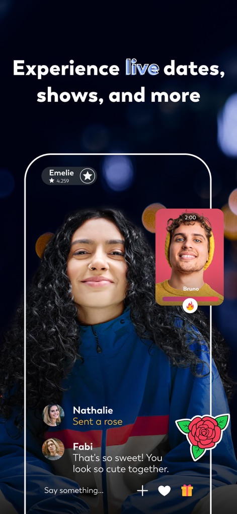LOVOO - Dating App & Chat App - Los usuarios pueden participar en transmisiones de video en vivo con la opción de enviar regalos virtuales como la rosa mostrada, fomentando una interacción dinámica y entretenida.